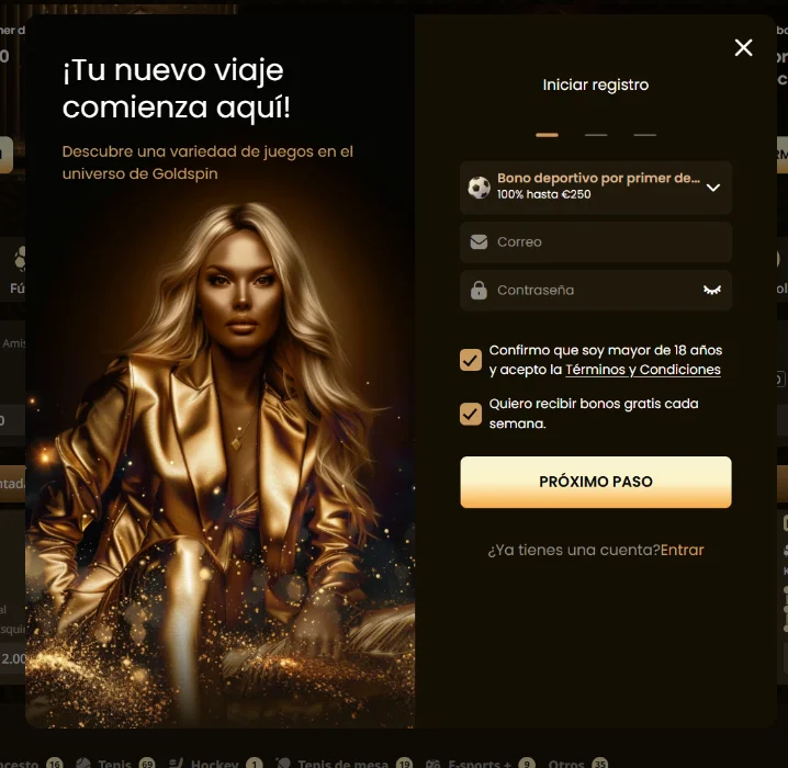 GoldSpin casino formulario de registro con bono deportivo y creación de cuenta