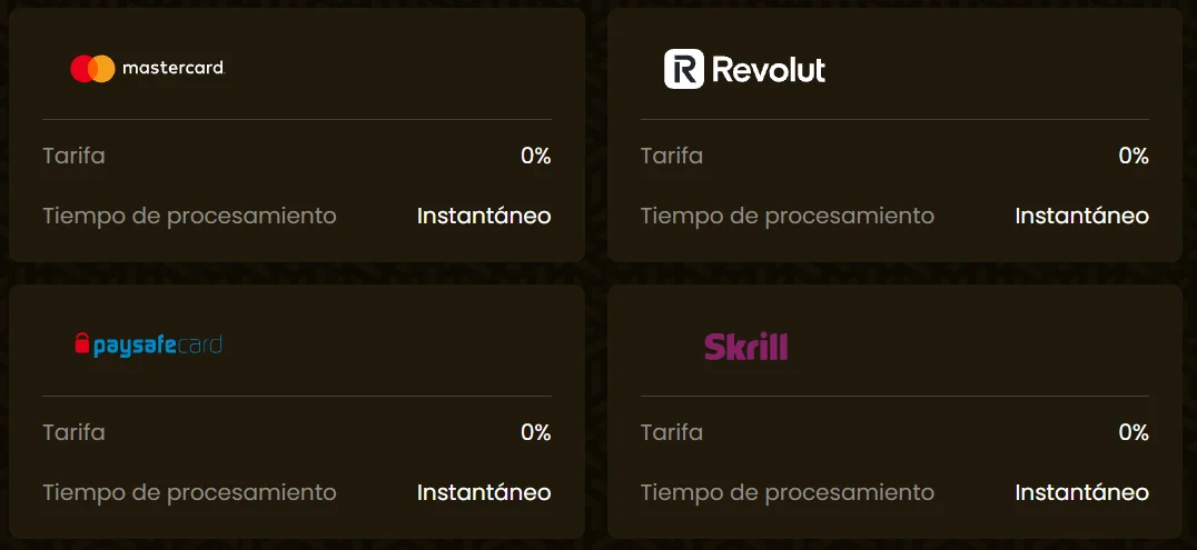 GoldSpin casino métodos de pago con Mastercard, Revolut, Paysafecard y Skrill